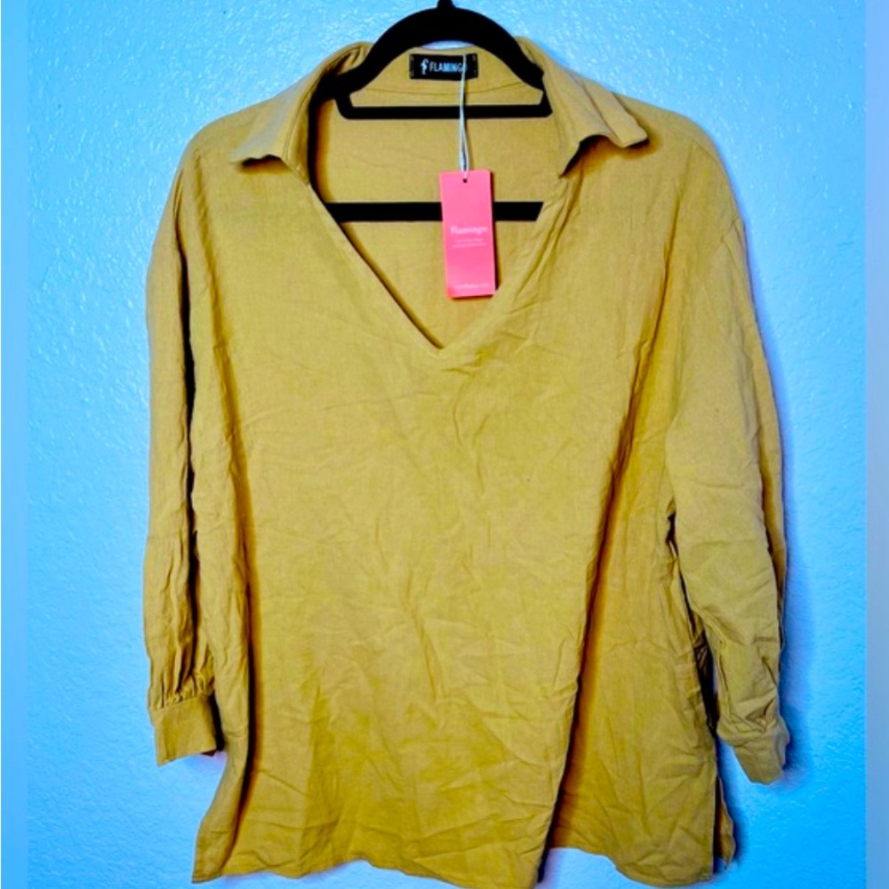 Flamingo Women’s Gold Collared V-Neck Casual Blouse Size XL New!
